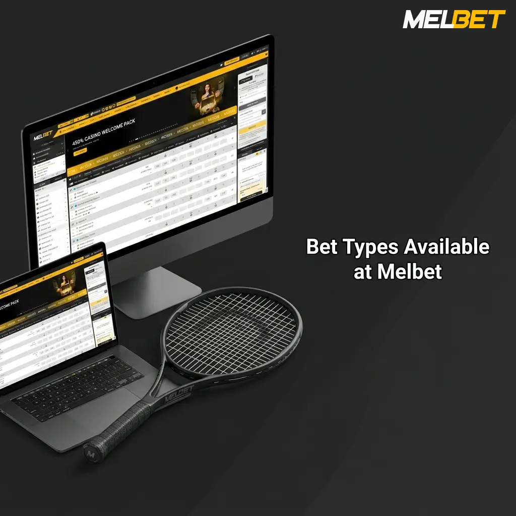 Melbet bet types including singles, parlays, system bets, pre-match and live betting options across 70+ sports