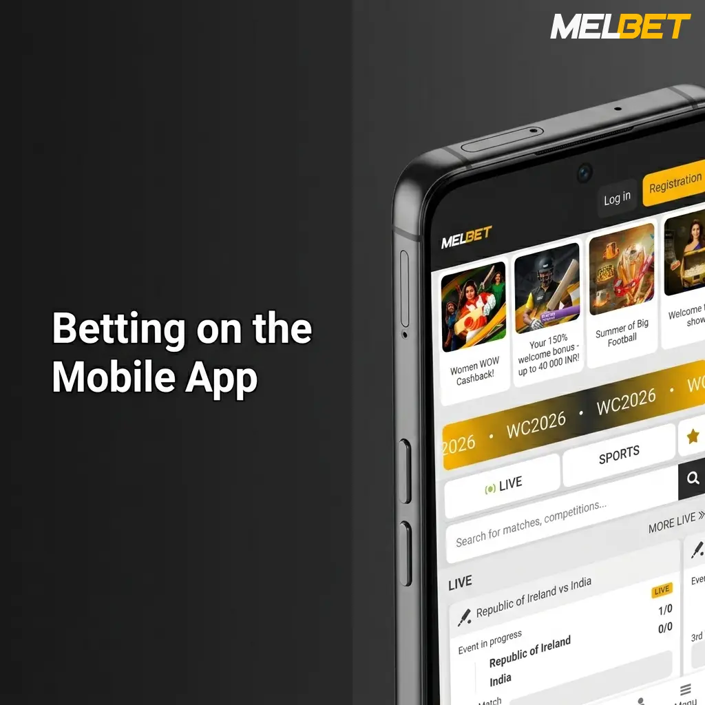 Melbet mobile app on Android and iOS showing live betting, UPI deposits, and push notifications for Indian users