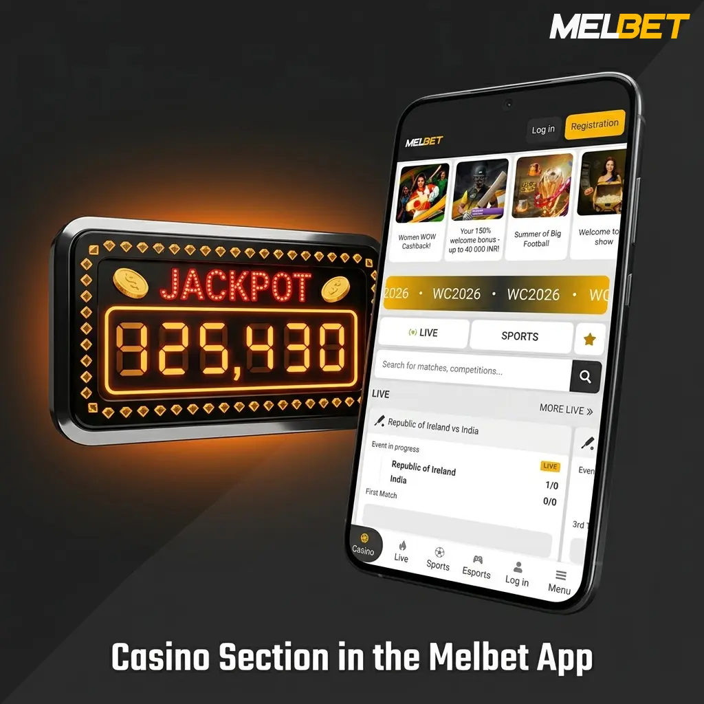 Melbet app casino section showing slots, live dealer games, crash games, and table games optimised for mobile screens