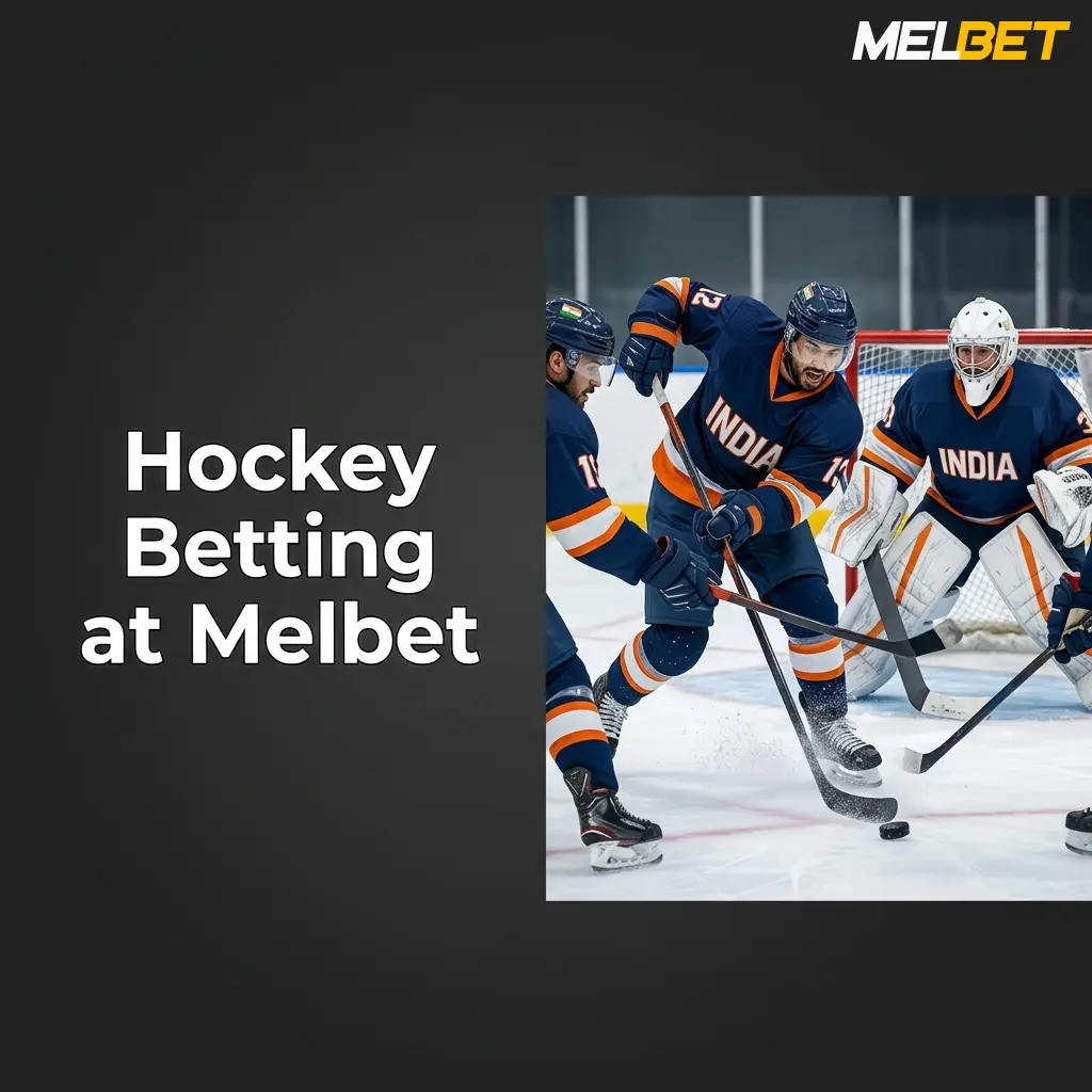 Melbet hockey betting interface showing NHL, KHL and IIHF markets with live odds for puck line and total goals