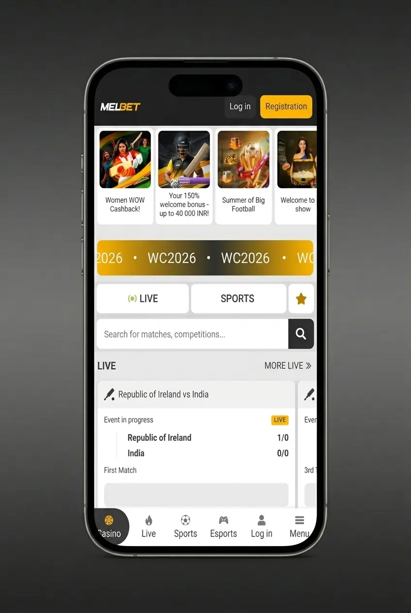 Melbet app login screen showing four-step account sign-in process on mobile device