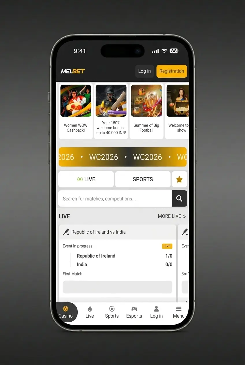 Melbet app login screen showing four-step account access process on mobile device