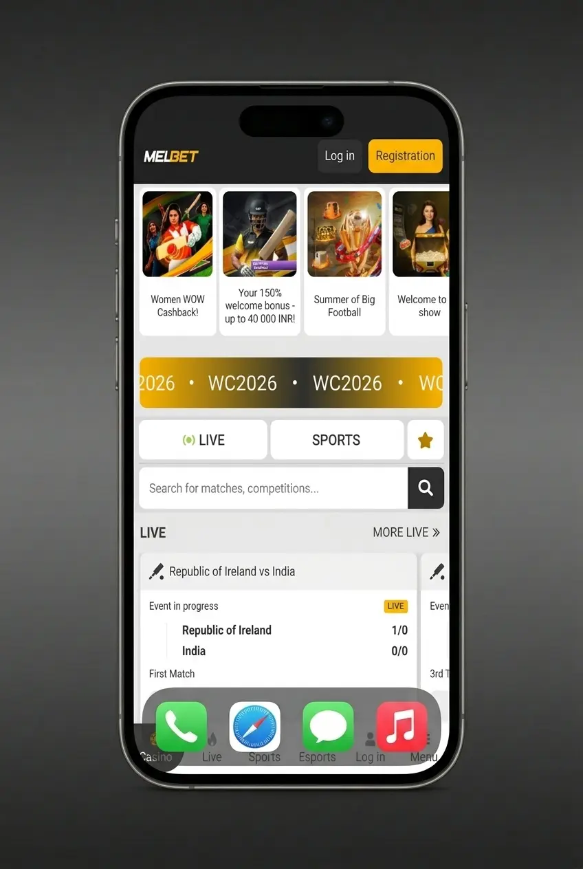 Melbet app login screen showing four-step account access process on mobile device