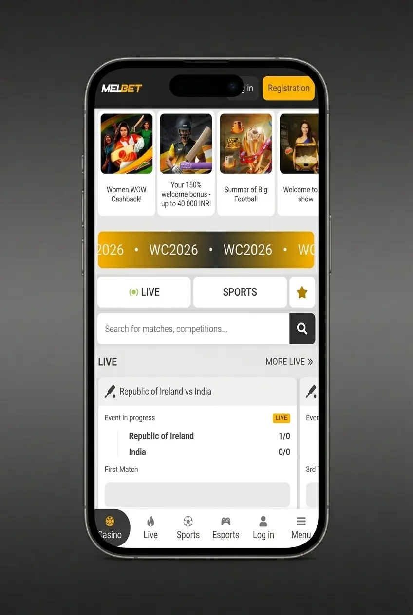 Melbet app login screen showing four-step account access process on mobile device
