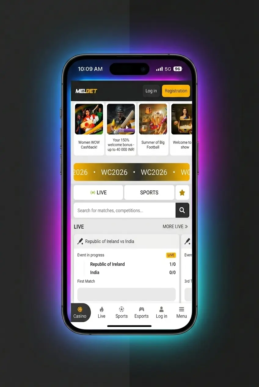 Melbet app home screen showing cricket, football, kabaddi and tennis options for placing a sports bet in four steps
