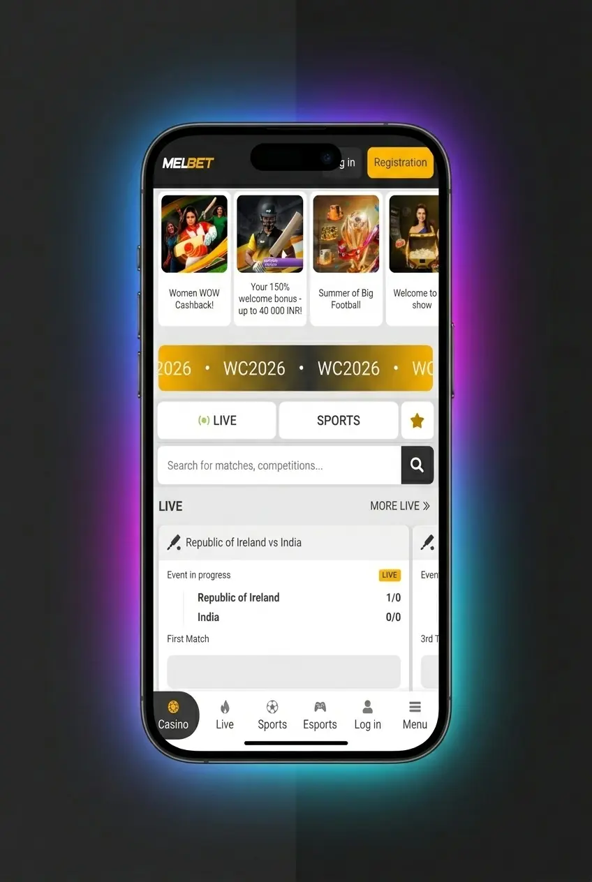 Melbet app home screen showing cricket, football, kabaddi and tennis sports betting options with bet slip and confirmation