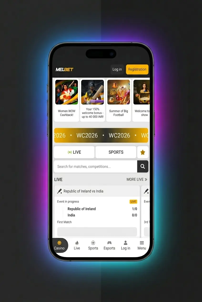 Melbet app home screen showing cricket, football, kabaddi and tennis betting options with bet slip and confirmation steps