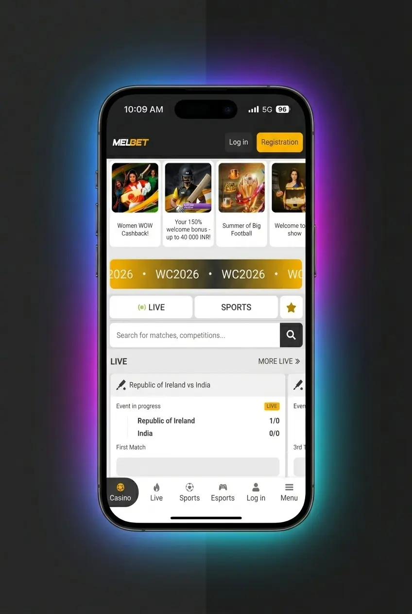 Melbet app home screen showing cricket, football, kabaddi, and tennis sports betting options with bet slip open