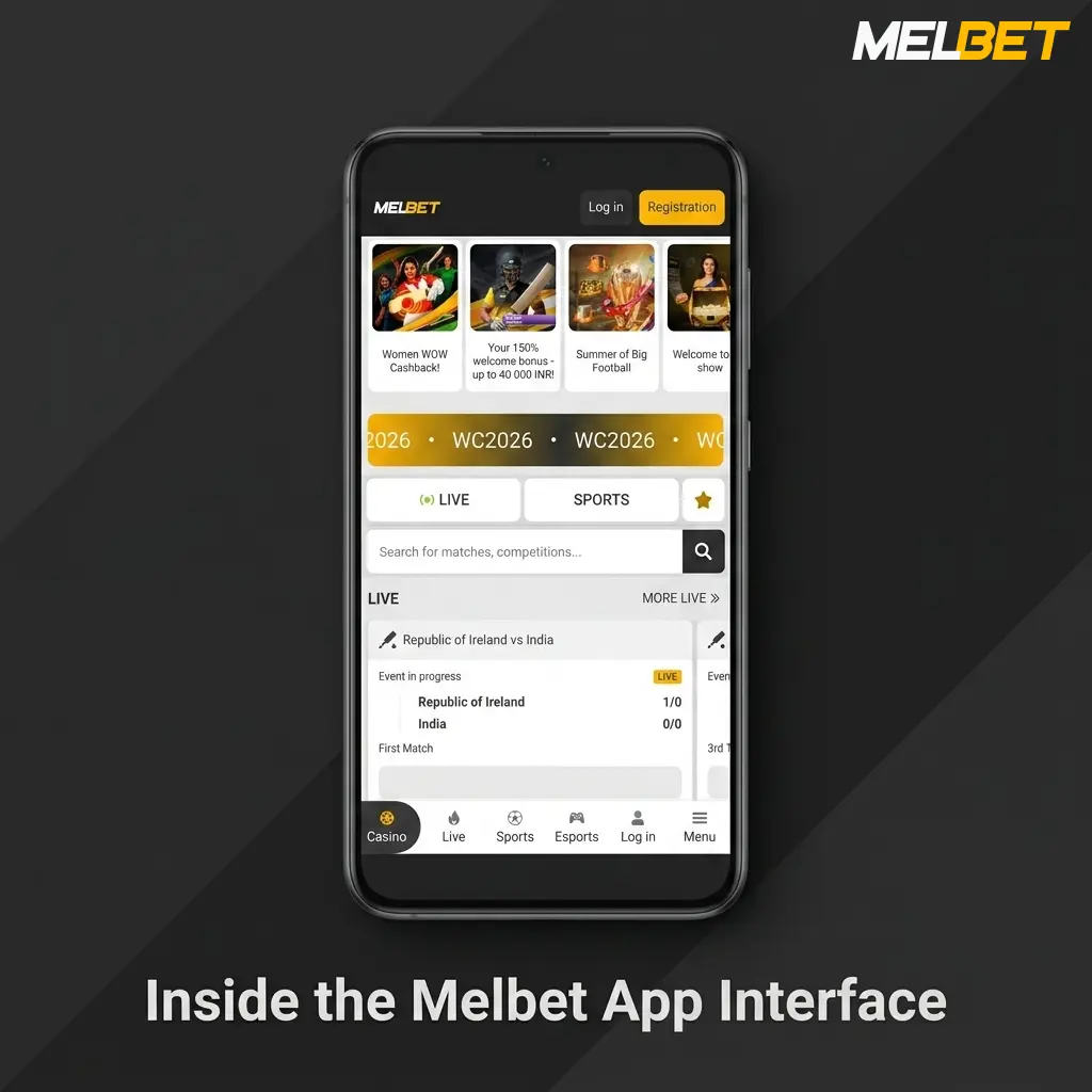 Melbet app dark-themed interface showing bottom navigation bar with Sports, Live, Casino, and My Account tabs