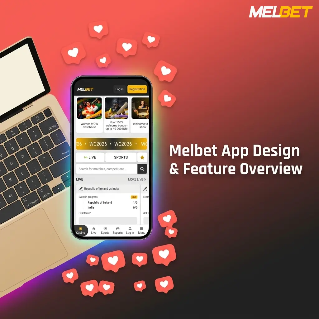 Melbet app interface showing dark-green and black design with sports betting, casino, and live streaming features on mobile
