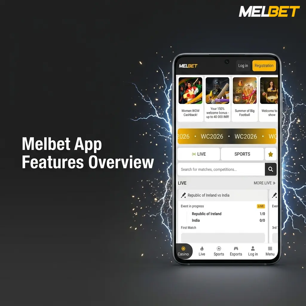 Melbet app dashboard showing sportsbook, live betting, casino, INR payments, and account management features