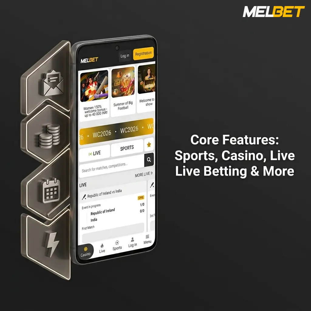 Melbet app interface showing sports betting, live casino, crash games, and live dealer features on mobile