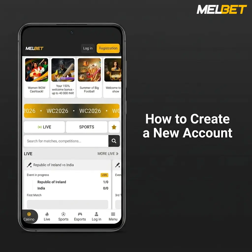 Melbet app registration screen showing four steps to create a new account using phone, email, or social login
