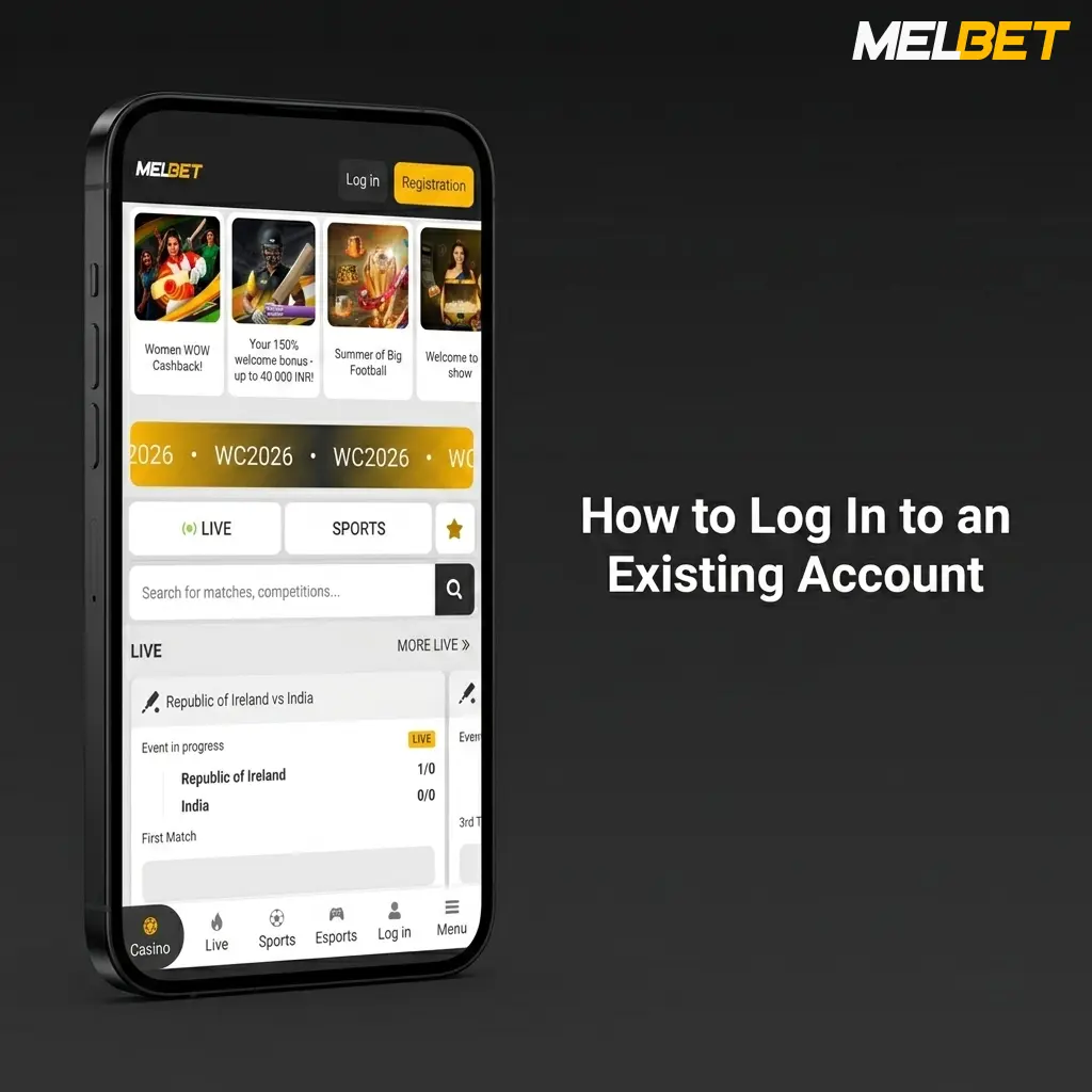 Melbet app login screen showing email or phone number and password fields for returning players to access their account