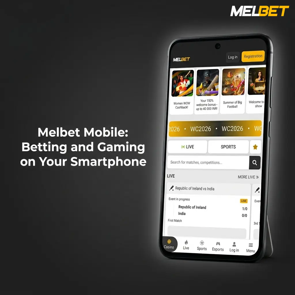 Melbet mobile app interface on Android and iOS smartphone for betting, live casino, and bonus management