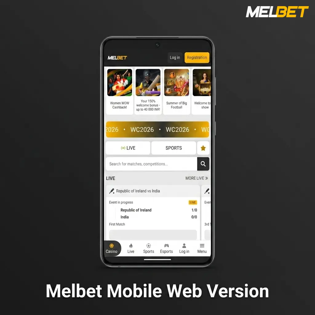 Melbet mobile web version showing sports betting, casino games, and INR payment options on a smartphone browser
