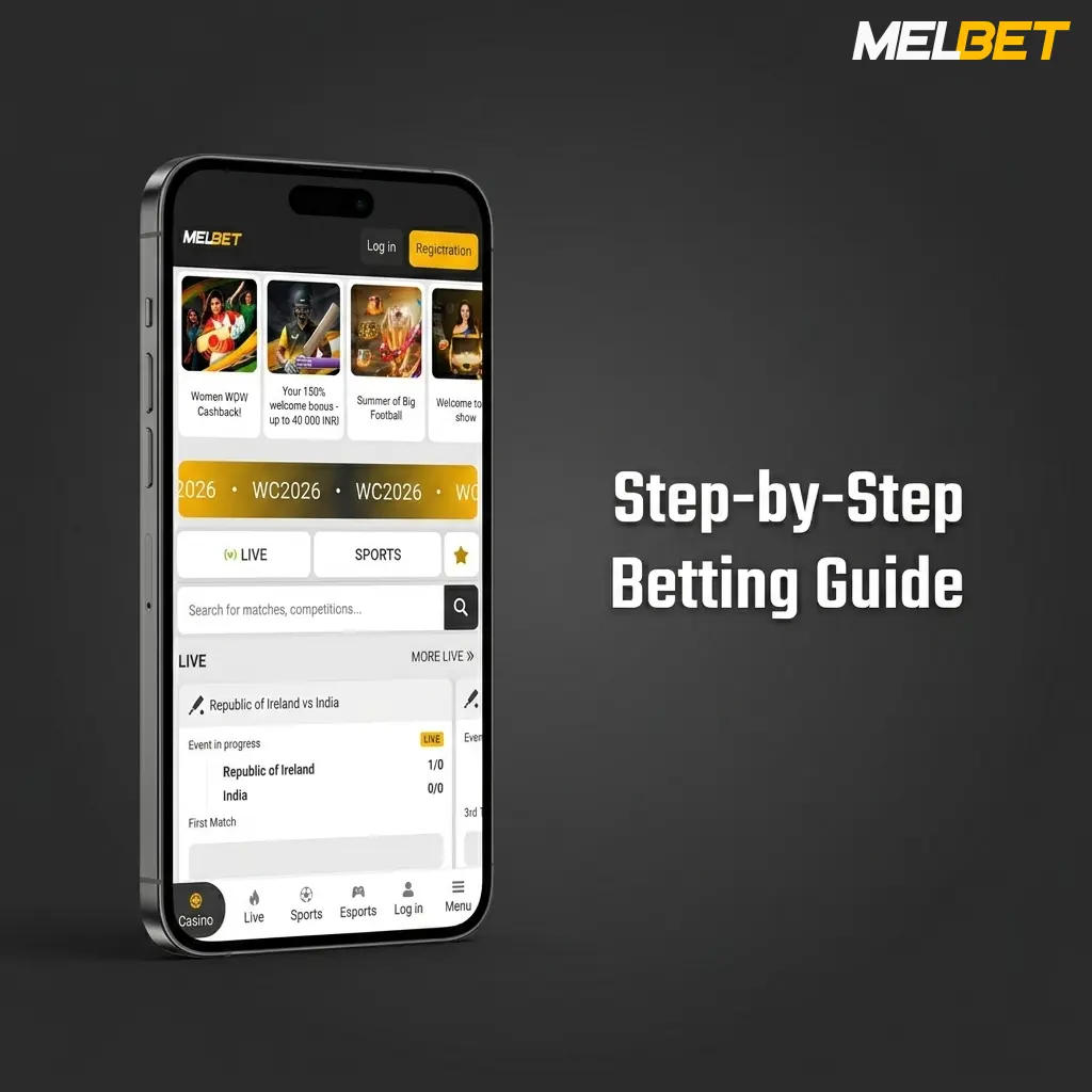 Step-by-step Melbet app betting guide showing sports selection, bet slip, and place bet confirmation screen