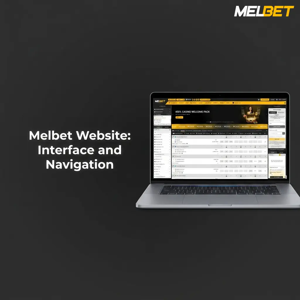 Melbet website interface showing dark navy theme with yellow accents, top navigation tabs, and left sidebar for sports and casino categories