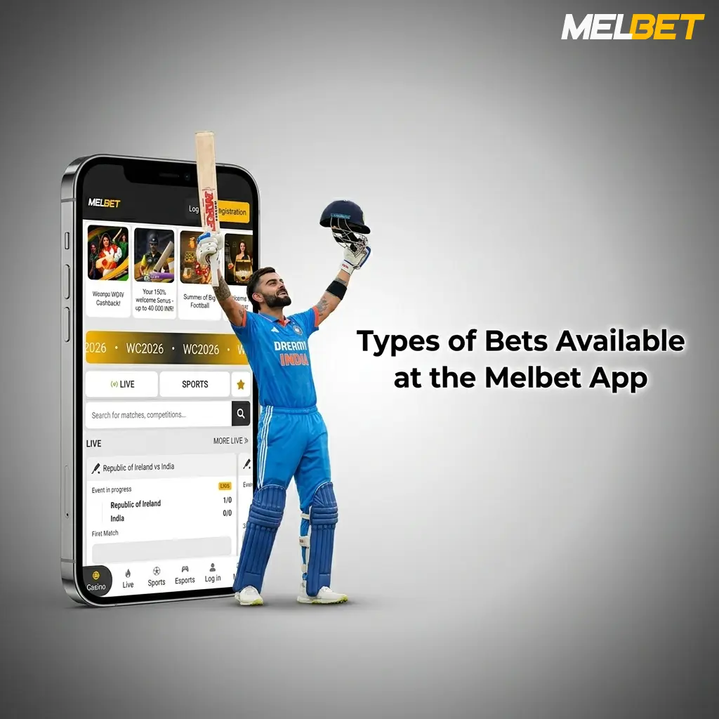 Melbet app bet types including single, accumulator, system, chain, handicap, and over/under wagers